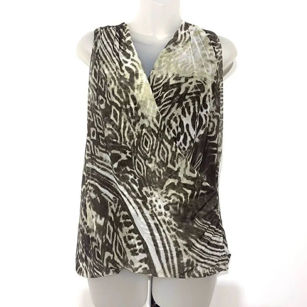 SOLO MODA safari animal print surplice ruched faux wrap sleeveless top medium
